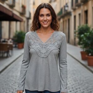 PattyBoutik Gray Lace Applique Long Sleeve Ribbed Top | Sz XL